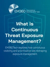 Header image for EM360Tech article titled 'What is Continuous Threat Exposure Management?' featuring a blue gradient background with a digital circuit design, a faint outline of a shield icon, and bold white text. The subtitle reads: 'EM360Tech explores how continuous visibility and prioritisation are reshaping exposure management.