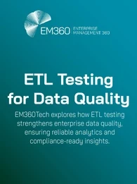 EM360Tech banner titled ‘ETL Testing for Data Quality’ with subtitle explaining how ETL testing strengthens enterprise data quality, ensuring reliable analytics and compliance-ready insights.