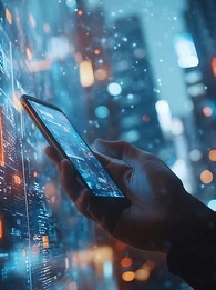 A hand holding up a smartphone with various data graphics floating around.