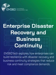 EM360Tech cover graphic titled 'Enterprise Disaster Recovery and Business Continuity.' The text explains that EM360Tech explores how enterprises can build resilience with disaster recovery and business continuity strategies that reduce risk and meet compliance demands. Background features faint line-art icons of a cloud, shield, graph, and building over a blue-to-green gradient
