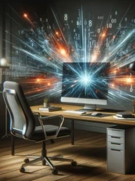 A computer screen on a desk with an explosion of code coming out of it.