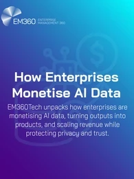EM360Tech cover graphic with a blue to purple gradient and faint line icons of a database, AI chip, and coins. Title reads “How Enterprises Monetise AI Data,” with a subtitle about turning outputs into products while protecting privacy and trust.