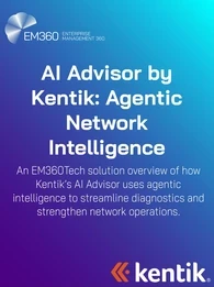 A gradient background graphic featuring the EM360Tech and Kentik logos with the title “AI Advisor by Kentik: Agentic Network Intelligence” and a subtitle explaining that the solution overview explores how Kentik’s AI Advisor uses agentic intelligence to streamline diagnostics and strengthen network operations.