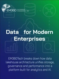 EM360Tech title graphic with the heading ‘Data Lakehouse Architecture for Modern Enterprises’ and the subtitle ‘EM360Tech breaks down how data lakehouse architecture unifies storage, governance and performance into a platform built for analytics and AI,’ displayed on a blue-to-green gradient background with faint line-art data icons.