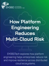 Gradient background graphic in blue and green featuring cloud, gear, shield, and warning icons in outline. The EM360Tech logo appears at the top left, with bold white text reading “How Platform Engineering Reduces Multi-Cloud Risk.” Subtext below says, “EM360Tech explores how platform engineering helps enterprises reduce risk and improve resilience across distributed cloud ecosystems.”