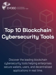 Dark gradient banner with EM360 logo in the top left and bold white title text reading &ldquo;Top 10 Blockchain Cybersecurity Tools.&rdquo; Background features faint line art of a padlock, shield, and interconnected cubes symbolising blockchain security. Subheading text reads: &ldquo;Discover the leading blockchain cybersecurity tools helping enterprises secure wallets, users, and decentralised applications in real time.&rdquo;