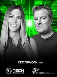 Christina and Daniel from Teamwork.com discussing project workflows on the platform’s AI-powered dashboard.