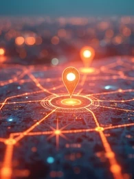 Glowing red map with location markers.