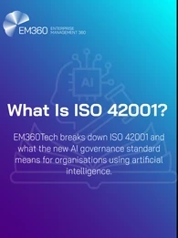 Header image with EM360Tech branding on a blue-to-purple gradient background. Large text reads “What Is ISO 42001?”. Below, a subtitle states: “EM360Tech breaks down ISO 42001 and what the new AI governance standard means for organisations using artificial intelligence.” The background includes line-style illustrations of an AI chip, a gavel, and an open book, representing artificial intelligence, regulation, and standards.