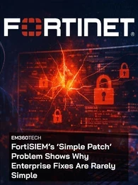 Header image showing the Fortinet logo centred at the top above a dark cybersecurity scene, with a hooded figure at a laptop, red padlock icons, cracked digital screen effects, and binary code in the background, alongside the article title “FortiSIEM’s ‘Simple Patch’ Problem Shows Why Enterprise Fixes Are Rarely Simple” branded with EM360Tech.