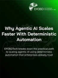 Green and black EM360Tech header graphic featuring the title “Why Agentic AI Scales Faster With Deterministic Automation” and the subtitle “EM360Tech breaks down the practical path to scaling agentic AI using deterministic automation that enterprises already trust.” The background includes faint illustrations of AI robots, a gear, a wrench, and a growth chart, with the EM360 Enterprise Management 360 logo in the top right corner.