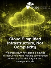 Yellow-toned digital illustration of a glowing cloud above a network of connected systems and servers, with overlaid text reading “Cloud Simplified Infrastructure, Not Complexity” and a subtitle about coordination, ownership, and visibility challenges, alongside the EM360 Enterprise Management 360 logo.