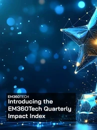 A glowing, futuristic star-shaped trophy made of connected digital lines and light sits on a reflective surface against a dark blue background with soft bokeh lights. On the left, a black overlay contains white text reading: &ldquo;EM360TECH&rdquo; and &ldquo;Introducing the EM360Tech Quarterly Impact Index.&rdquo;