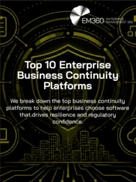 EM360Tech graphic titled “Top 10 Enterprise Business Continuity Platforms”, with the subtitle “We break down the top business continuity platforms to help enterprises choose software that drives resilience and regulatory confidence.” The black background features an olive digital illustration of a shield protecting office buildings, surrounded by connected icons representing planning, organisational structure, people, technology, risk and cloud systems.