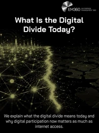 EM360 header graphic titled &ldquo;What Is the Digital Divide Today?&rdquo; A black and olive-green landscape is split by a glowing divide. On the left, a brightly connected digital city is surrounded by dense networks of illuminated nodes and links. On the right, the landscape is darker and fragmented, with far fewer connections. Text reads: &ldquo;We explain what the digital divide means today and why digital participation now matters as much as internet access.&rdquo; The EM360 Enterprise Management 360 logo appears in the top 
