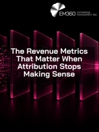 EM360Tech header graphic for “The Revenue Metrics That Matter When Attribution Stops Making Sense”, showing magenta data streams passing through a series of translucent panels towards a single glowing sphere on a black background. 