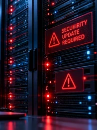 A red and blue cover image depicting a server under threat due to a security attack and a website offline due to the serve i.
