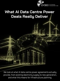 EM360Tech header graphic titled “What AI Data Centre Power Deals Really Deliver”, featuring a glowing olive-gold digital illustration against a black background. A large data centre filled with illuminated server racks stands in the foreground, connected by glowing electrical lines to a transmission tower on the left. Wind turbines, solar panels and a conventional power station appear on the right, with a luminous interconnected globe rising behind the infrastructure. The subtitle reads, “We look at what AI