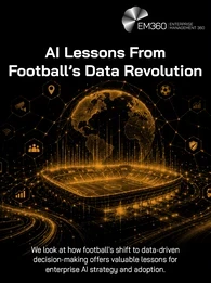 Dark EM360 header image titled “AI Lessons From Football’s Data Revolution”. A glowing gold digital football stadium sits beneath a connected globe, surrounded by network lines and icons representing areas such as analytics, people, security, transport, media and digital services. Supporting text explains that football’s shift to data-driven decision-making offers lessons for enterprise AI strategy and adoption. The EM360 Enterprise Management 360 logo appears at the top.