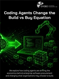 An EM360 header graphic illustrating the changing enterprise software build-versus-buy decision. A shopping trolley and packaged software appear on one side, while a laptop, robotic arm and modular software components appear on the other, connected through an AI symbol and flowing digital arrow. The supporting text explains that coding agents are shifting software procurement economics and changing what organisations may choose to build internally.