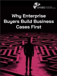 An EM360 header graphic illustrating the complexity enterprise buyers face when evaluating technology investments. A lone figure stands at the entrance to a sprawling illuminated maze, representing the competing requirements, risks and decisions involved in enterprise purchasing. The title highlights why buyers increasingly need a clear business case to establish value and direction before choosing a solution.
