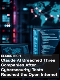 EM360Tech header graphic showing a hooded figure seated at multiple computer monitors displaying code and a world map with connected network nodes, representing cybersecurity and AI security testing. Overlay text reads: "EM360TECH Claude AI Breached Three Companies After Cybersecurity Tests Reached the Open Internet."