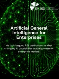 EM360Tech graphic titled “Artificial General Intelligence for Enterprises”, showing a glowing green brain on a black background. The left half is formed from interconnected neural nodes, while the right resembles electronic circuitry. Text reads: “We look beyond AGI predictions to what changing AI capabilities actually mean for enterprise leaders.”
