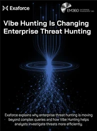 Dark Exaforce and EM360 header image titled “Vibe Hunting Is Changing Enterprise Threat Hunting”. A dense web of blue interconnected data points on the left converges through a glowing central point before becoming a smaller set of organised blue paths extending to the right, visually representing complex security data being transformed into clearer investigation paths. Supporting text explains that enterprise threat hunting is moving beyond complex queries and that Vibe Hunting helps analysts investigate t