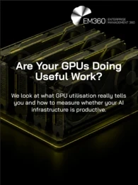 EM360Tech article graphic featuring four black GPUs with olive-yellow highlights and glowing circuit lines against a black background. The white headline reads “Are Your GPUs Doing Useful Work?” with the subtitle “We look at what GPU utilisation really tells you and how to measure whether your AI infrastructure is productive.” The white EM360 logo appears in the upper-right corner.