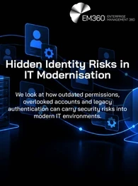 EM360Tech header graphic with a black background, showing blue server racks connected to a cloud by glowing lines and digital identity icons. The white EM360 logo appears at the top right, above the title “Hidden Identity Risks in IT Modernisation” and the subtitle “We look at how outdated permissions, overlooked accounts and legacy authentication can carry security risks into modern IT environments.”