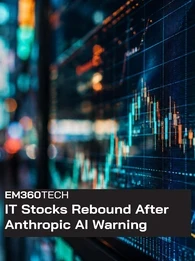 An EM360Tech news graphic showing a close-up financial market display with blue and orange candlestick charts against a blurred city backdrop. Bold text reads &ldquo;IT Stocks Rebound After Anthropic AI Warning.&rdquo;