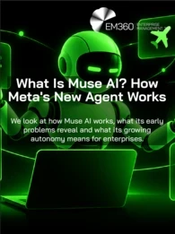 Black header graphic with a bright green AI robot using a laptop, surrounded by floating email, shopping, travel, calendar and document icons. White text reads “What Is Muse AI? How Meta’s New Agent Works” with the subtitle “We look at how Muse AI works, what its early problems reveal and what its growing autonomy means for enterprises.” The EM360Tech logo appears at the top right.