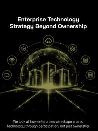 EM360Tech header graphic titled “Enterprise Technology Strategy Beyond Ownership”, featuring a glowing olive-gold digital illustration against a black background. A cluster of illuminated server towers stands inside a large, interconnected digital globe, surrounded by circular icons representing cloud technology, security, connectivity, infrastructure and data systems. Glowing network lines extend across the foreground, suggesting shared technology and enterprise collaboration. The subtitle reads, “We look 