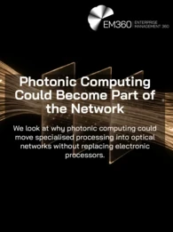 Black EM360Tech article header with beige light trails flowing through transparent panels, white EM360Tech logo, and white text reading “Photonic Computing Could Become Part of the Network” and “We look at why photonic computing could move specialised processing into optical networks without replacing electronic processors.”