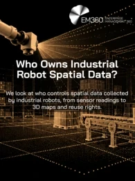 EM360Tech header graphic with a black background and beige-gold (#D3A877) illustration of an industrial robotic arm scanning a warehouse filled with wireframe shelving, boxes and conveyors. Glowing dots and lines form a 3D spatial map. White EM360Tech logo at the top right. Large white headline reads “Who Owns Industrial Robot Spatial Data?” with the subtitle “We look at who controls spatial data collected by industrial robots, from sensor readings to 3D maps and reuse rights.”