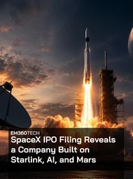 graphic for an EM360Tech article titled &ldquo;SpaceX IPO Sends Elon Musk Past $1 Trillion.&rdquo; A large portrait of Elon Musk dominates the left side of the image, looking upward against a dark, dramatic sky. On the right, a rocket launches from a pad with bright orange flames and smoke, rising above a city skyline at dusk. Transparent stock market candlestick charts and trend lines are overlaid across the scene, symbolising financial growth and investor activity. The article title appears in large white text 