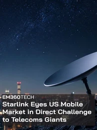 EM360Tech header graphic showing a satellite internet dish and smartphone overlooking a city skyline at night beneath a star-filled sky, representing Starlink's expansion into the US mobile market and competition with established telecommunications providers. The headline reads: "Starlink Eyes US Mobile Market in Direct Challenge to Telecoms Giants."