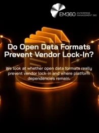 EM360Tech article header featuring glowing orange data files connected to four server stacks against a black background, with the title “Do Open Data Formats Prevent Vendor Lock-In?” and a subtitle about platform dependencies.
