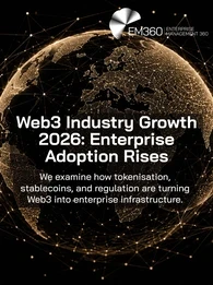 Header graphic for an EM360Tech article titled "Web3 Industry Growth 2026: Enterprise Adoption Rises". A glowing digital globe centred on Europe and Africa is formed from interconnected beige-gold data points and network lines against a black background. Flowing particle waves cross the foreground, symbolising global connectivity, tokenisation, and enterprise Web3 infrastructure.