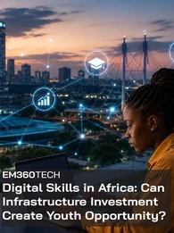 Header graphic for an EM360Tech article titled "Digital Skills in Africa: Can Infrastructure Investment Create Youth Opportunity?" showing a young woman working on a laptop overlooking a modern African city skyline at sunset, with digital network icons representing cloud computing, connectivity, education, technology skills and digital growth.