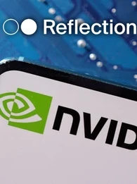 The Nvidia logo on a smartphone screen and the Reflection AI logo at the top overlaid on a blue circuit board.