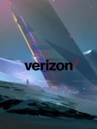 Verizon logo on a colourful background that looks like glass structures.