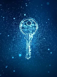 Depiction of a key with blue dots and network fibres.