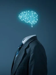 A body with a suit on and an animated brain floating above it.