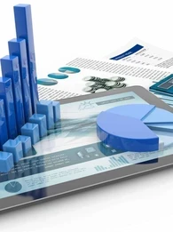 A smartphone and calculator lying on top of a desk with animated depictions of graphs.
