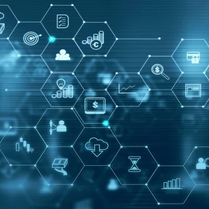 Honeycomb design in blue with various icons.