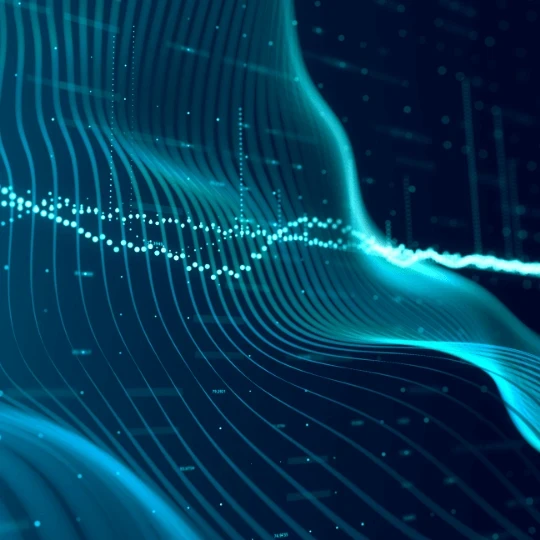 A wave of code and a graph type image on a dark blue background.
