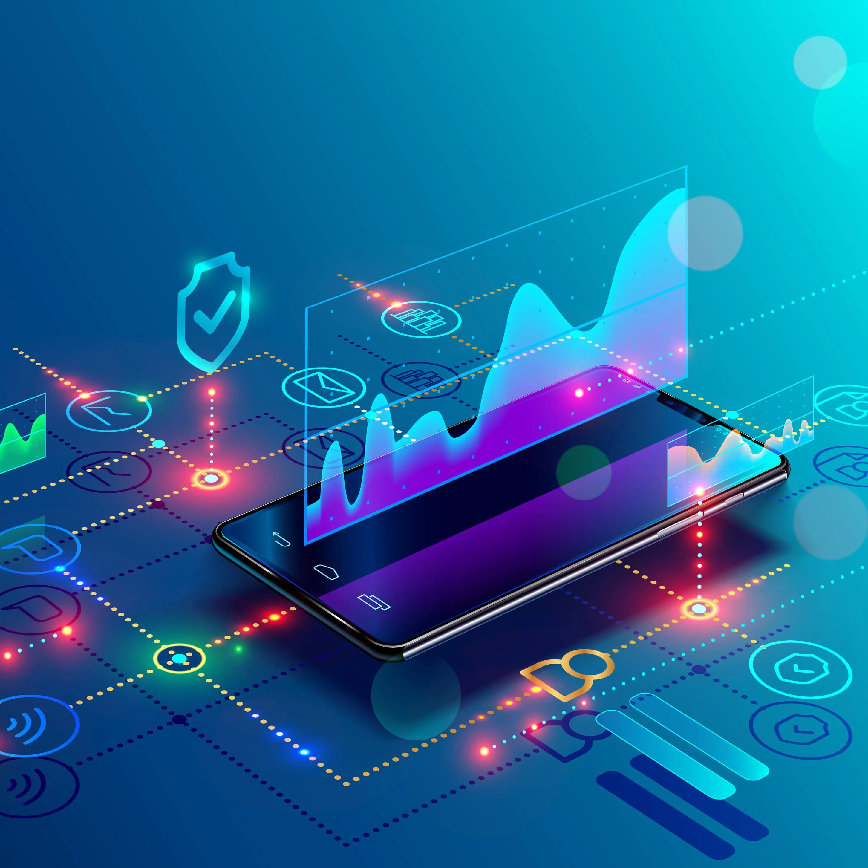 A smartphone surrounded by colourful data icons.