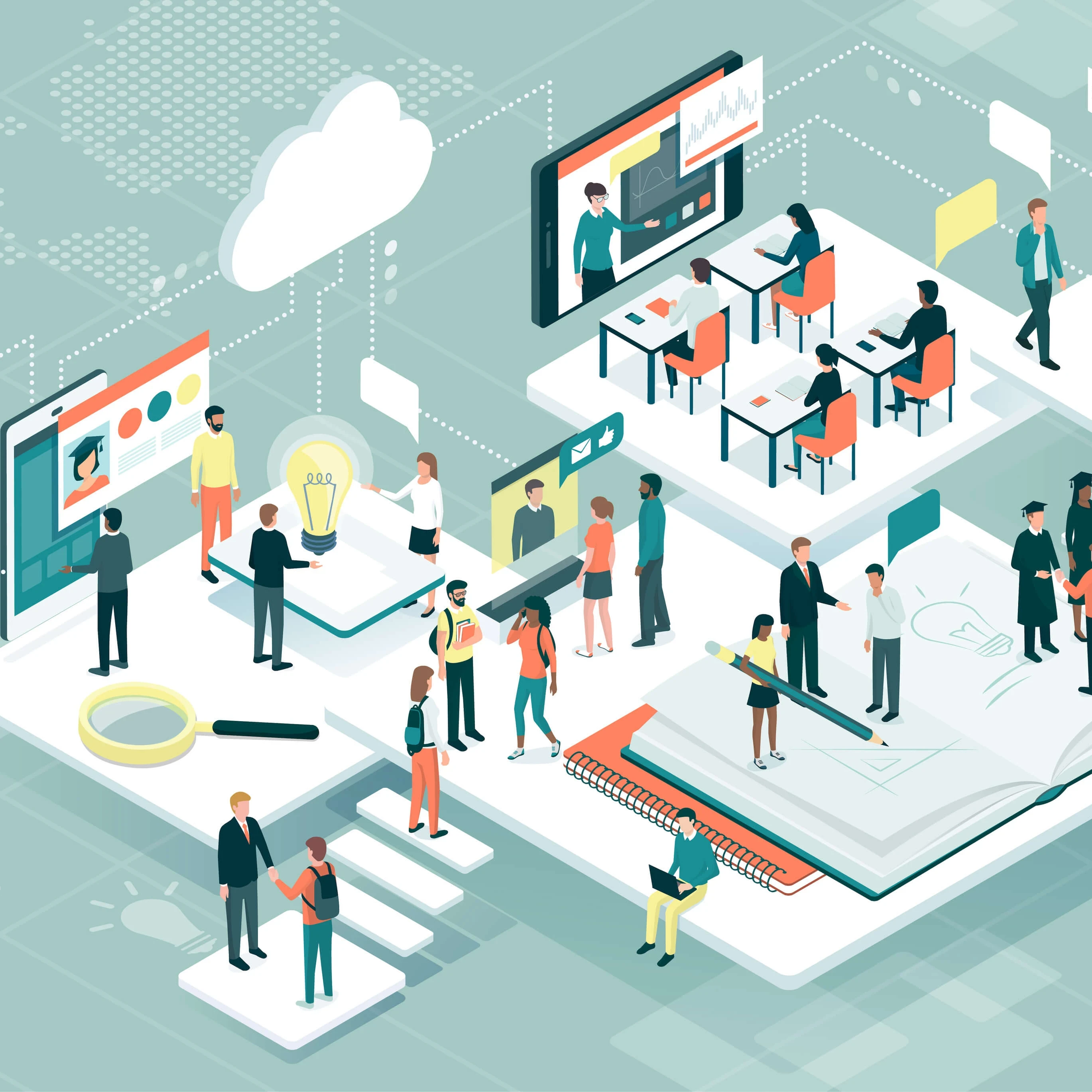 An animated depiction of interconnected data and systems in a workplace.