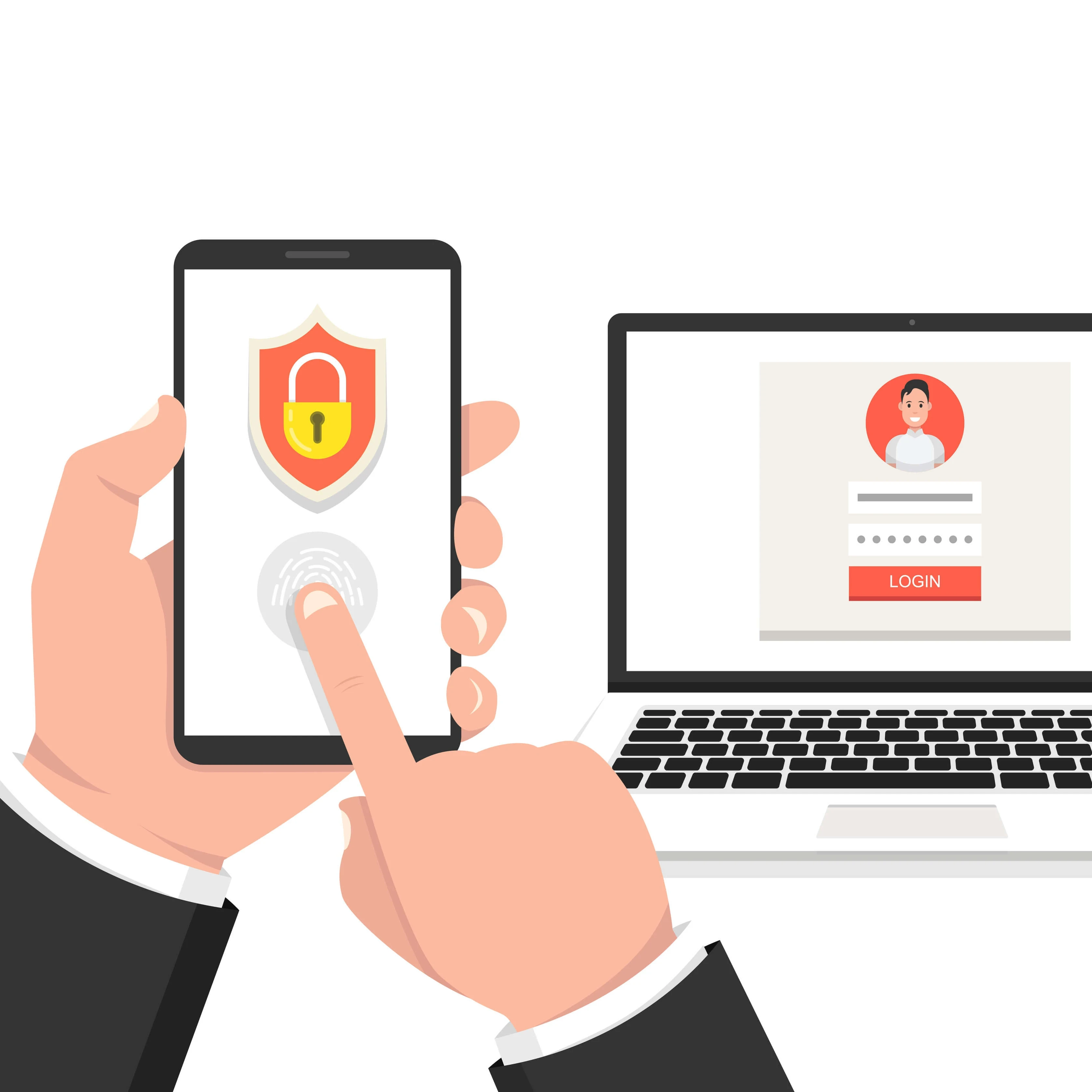Animated hand giving a fingerprint on a smartphone with a laptop in front of them with a profile image, username and password image.